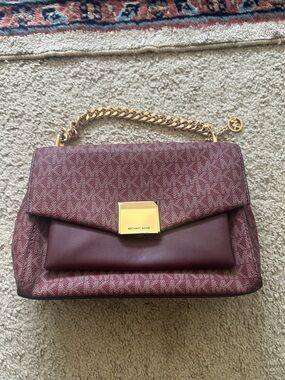 Michael Kors Wine MK Logo Chain-Handle Shoulder Bag with Gold Hardware